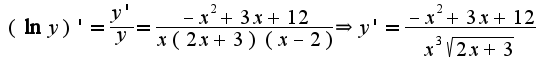 $(\ln y)'=\frac{y'}{y}=\frac{-x^{2}+3x+12}{x(2x+3)(x-2)}\Rightarrow y'=\frac{-x^{2}+3x+12}{x^{3}\sqrt{2x+3}}$