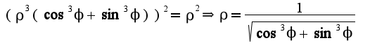 $(\rho^3(\cos^3\phi+\sin^3\phi))^2=\rho^2\Rightarrow  \rho=\frac{1}{\sqrt{\cos^3\phi+\sin^3\phi}}$