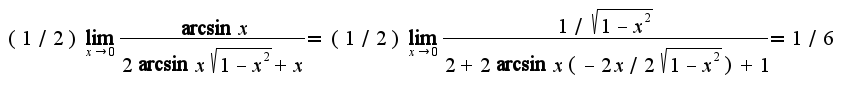 $(1/2)\lim_{x\rightarrow 0}\frac{\arcsin x}{2\arcsin x\sqrt{1-x^2}+x}=(1/2)\lim_{x\rightarrow 0}\frac{1/\sqrt{1-x^2}}{2+2\arcsin x(-2x/2\sqrt{1-x^2})+1}=1/6$