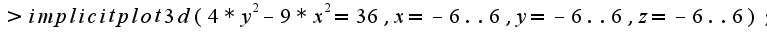 $>implicitplot3d(4*y^2-9*x^2=36,x=-6..6,y=-6..6,z=-6..6);$