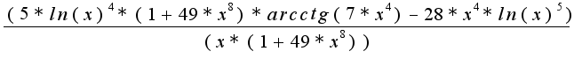 $\frac{(5*ln(x)^4*(1+49*x^8)*arcctg(7*x^4)-28*x^4*ln(x)^5)}{(x*(1+49*x^8))}$