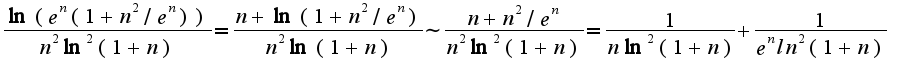 $\frac{\ln(e^{n}(1+n^{2}/e^{n}))}{n^2\ln^2(1+n)}=\frac{n+\ln(1+n^2/e^{n})}{n^2\ln(1+n)}\sim \frac{n+n^2/e^{n}}{n^2\ln^2(1+n)}=\frac{1}{n\ln^2(1+n)}+\frac{1}{e^{n}ln^2(1+n)}$