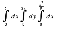 $\int_{0}^{1} dx \int_{0}^{3x} dy \int_{0}^{ \frac{x^2}{9}} dx$