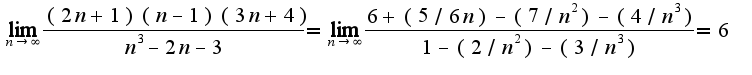 $\lim_{n\rightarrow \infty}\frac{(2n+1)(n-1)(3n+4)}{n^3-2n-3}=\lim_{n\rightarrow \infty}\frac{6+(5/6n)-(7/n^2)-(4/n^3)}{1-(2/n^2)-(3/n^3)}=6$