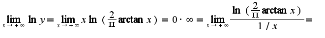 $\lim_{x\rightarrow +\infty}\ln y=\lim_{x\rightarrow +\infty}x\ln(\frac{2}{\pi}\arctan x)=0\cdot\infty=\lim_{x\rightarrow +\infty}\frac{\ln(\frac{2}{\pi}\arctan x)}{1/x}=$