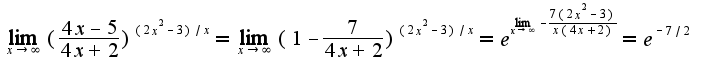 $\lim_{x\rightarrow \infty}(\frac{4x-5}{4x+2})^{(2x^2-3)/x}=\lim_{x\rightarrow \infty}(1-\frac{7}{4x+2})^{(2x^2-3)/x}=e^{\lim_{x\rightarrow \infty}-\frac{7(2x^2-3)}{x(4x+2)}}=e^{-7/2}$