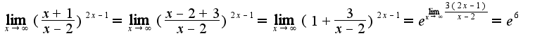$\lim_{x\rightarrow \infty}(\frac{x+1}{x-2})^{2x-1}=\lim_{x\rightarrow \infty}(\frac{x-2+3}{x-2})^{2x-1}=\lim_{x\rightarrow \infty}(1+\frac{3}{x-2})^{2x-1}=e^{\lim_{x\rightarrow \infty}\frac{3(2x-1)}{x-2}}=e^{6}$