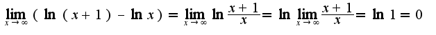 $\lim_{x\rightarrow \infty}(\ln(x+1)-\ln x)=\lim_{x\rightarrow \infty}\ln\frac{x+1}{x}=\ln\lim_{x\rightarrow \infty}\frac{x+1}{x}=\ln 1=0$