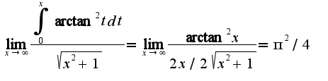 $\lim_{x\rightarrow \infty}\frac{\int_{0}^{x}\arctan^2 tdt}{\sqrt{x^2+1}}=\lim_{x\rightarrow \infty}\frac{\arctan^2 x}{2x/2\sqrt{x^2+1}}=\pi^2/4$