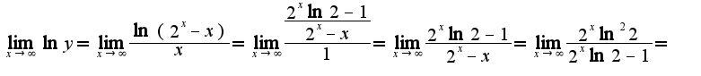 $\lim_{x\rightarrow \infty}\ln y=\lim_{x\rightarrow \infty}\frac{\ln(2^{x}-x)}{x}=\lim_{x\rightarrow \infty}\frac{\frac{2^{x}\ln 2-1}{2^{x}-x}}{1}=\lim_{x\rightarrow \infty}\frac{2^{x}\ln 2-1}{2^{x}-x}=\lim_{x\rightarrow \infty}\frac{2^{x}\ln^2 2}{2^{x}\ln 2-1}=$