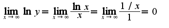 $\lim_{x\rightarrow \infty}\ln y=\lim_{x\rightarrow \infty}\frac{\ln x}{x}=\lim_{x\rightarrow \infty}\frac{1/x}{1}=0$