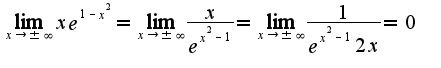 $\lim_{x\rightarrow \pm\infty}xe^{1-x^2}=\lim_{x\rightarrow \pm\infty}\frac{x}{e^{x^2-1}}=\lim_{x\rightarrow \pm\infty}\frac{1}{e^{x^2-1}2x}=0$