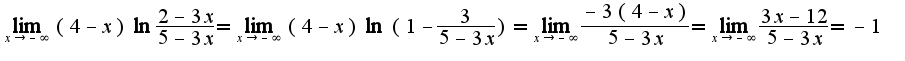 $\lim_{x\rightarrow -\infty}(4-x)\ln\frac{2-3x}{5-3x}=\lim_{x\rightarrow -\infty}(4-x)\ln(1-\frac{3}{5-3x})=\lim_{x\rightarrow -\infty}\frac{-3(4-x)}{5-3x}=\lim_{x\rightarrow -\infty}\frac{3x-12}{5-3x}=-1$