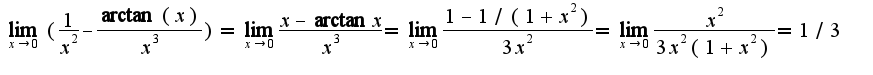 $\lim_{x\rightarrow 0}(\frac{1}{x^2}-\frac{\arctan(x)}{x^3})=\lim_{x\rightarrow 0}\frac{x-\arctan x}{x^3}=\lim_{x\rightarrow 0}\frac{1-1/(1+x^2)}{3x^2}=\lim_{x\rightarrow 0}\frac{x^2}{3x^2(1+x^2)}=1/3$