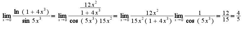 $\lim_{x\rightarrow 0}\frac{\ln(1+4x^3)}{\sin 5x^3}=\lim_{x\rightarrow 0}\frac{\frac{12x^2}{1+4x^3}}{\cos (5x^3 )15x^2}=\lim_{x\rightarrow 0}\frac{12x^2}{15x^2(1+4x^3)}\lim_{x\rightarrow 0}\frac{1}{\cos(5x^3)}=\frac{12}{15}=\frac{4}{5}$