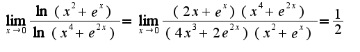 $\lim_{x\rightarrow 0}\frac{\ln(x^2+e^{x})}{\ln(x^4+e^{2x})}=\lim_{x\rightarrow 0}\frac{(2x+e^{x})(x^4+e^{2x})}{(4x^3+2e^{2x})(x^2+e^{x})}=\frac{1}{2}$