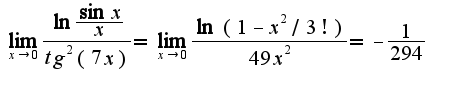 $\lim_{x\rightarrow 0}\frac{\ln \frac{\sin x}{x}}{tg^2(7x)}=\lim_{x\rightarrow 0}\frac{\ln(1-x^2/3!)}{49x^2}=-\frac{1}{294}$