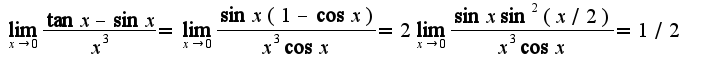 $\lim_{x\rightarrow 0}\frac{\tan x-\sin x}{x^3}=\lim_{x\rightarrow 0}\frac{\sin x(1-\cos x)}{ x^3\cos x}=2\lim_{x\rightarrow 0}\frac{\sin x\sin^2 (x/2)}{x^3\cos x}=1/2$