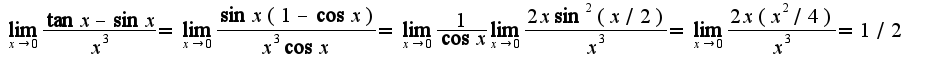 $\lim_{x\rightarrow 0}\frac{\tan x-\sin x}{x^3}=\lim_{x\rightarrow 0}\frac{\sin x(1-\cos x)}{x^3\cos x}=\lim_{x\rightarrow 0}\frac{1}{\cos x}\lim_{x\rightarrow 0}\frac{2x\sin^2(x/2)}{x^3}=\lim_{x\rightarrow 0}\frac{2x(x^2/4)}{x^3}=1/2$