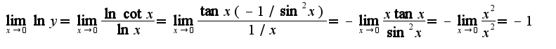 $\lim_{x\rightarrow 0}\ln y=\lim_{x\rightarrow 0}\frac{\ln\cot x}{\ln x}=\lim_{x\rightarrow 0}\frac{\tan x(-1/\sin^2 x)}{1/x}=-\lim_{x\rightarrow 0}\frac{x\tan x}{\sin^2 x}=-\lim_{x\rightarrow 0}\frac{x^2}{x^2}=-1$