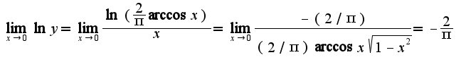 $\lim_{x\rightarrow 0}\ln y=\lim_{x\rightarrow 0}\frac{\ln (\frac{2}{\pi}\arccos x)}{x}=\lim_{x\rightarrow 0}\frac{-(2/\pi)}{(2/\pi)\arccos x\sqrt{1-x^2}}=-\frac{2}{\pi}$