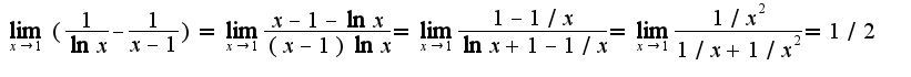 $\lim_{x\rightarrow 1}(\frac{1}{\ln x}-\frac{1}{x-1})=\lim_{x\rightarrow 1}\frac{x-1-\ln x}{(x-1)\ln x}=\lim_{x\rightarrow 1}\frac{1-1/x}{\ln x+1-1/x}=\lim_{x\rightarrow 1}\frac{1/x^2}{1/x+1/x^2}=1/2$