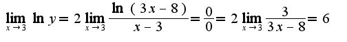 $\lim_{x\rightarrow 3}\ln y=2\lim_{x\rightarrow 3}\frac{\ln(3x-8)}{x-3}=\frac{0}{0}=2\lim_{x\rightarrow 3}\frac{3}{3x-8}=6$