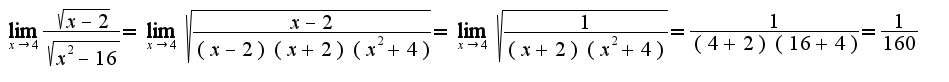 $\lim_{x\rightarrow 4} \frac{\sqrt{x-2}}{\sqrt{x^{2}-16}}=\lim_{x\rightarrow 4} \sqrt{\frac{x-2}{(x-2)(x+2)(x^2+4)}}=\lim_{x\rightarrow 4} \sqrt{\frac{1}{(x+2)(x^2+4)}}=\frac{1}{(4+2)(16+4)}=\frac{1}{160}$