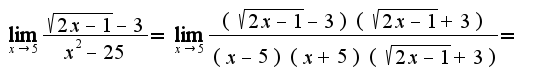 $\lim_{x\rightarrow 5}\frac{\sqrt{2x-1}-3}{x^2-25}=\lim_{x\rightarrow 5}\frac{(\sqrt{2x-1}-3)(\sqrt{2x-1}+3)}{(x-5)(x+5)(\sqrt{2x-1}+3)}=$
