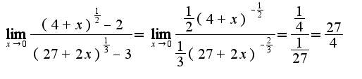 $\lim_{x \rightarrow 0} \frac{(4+x)^{\frac{1}{2}}-2}{(27+2x)^{\frac{1}{3}}-3}=\lim_{x \rightarrow 0} \frac{\frac{1}{2}(4+x)^{-\frac{1}{2}}}{\frac{1}{3}(27+2x)^{-\frac{2}{3}}}=\frac{\frac{1}{4}}{\frac{1}{27}}=\frac{27}{4}$