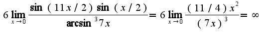 $6\lim_{x\rightarrow 0}\frac{\sin(11x/2)\sin(x/2)}{\arcsin^3 7x}=6\lim_{x\rightarrow 0}\frac{(11/4)x^2}{(7x)^3}=\infty$