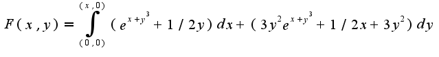 $F(x,y)=\int_{(0,0)}^{(x,0)}(e^{x+y^3}+1/2 y)dx+(3y^2e^{x+y^3}+1/2x+3y^2)dy$