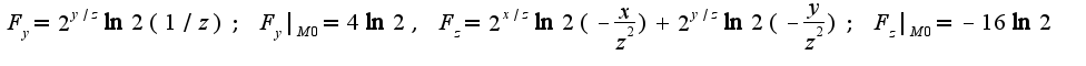 $F_{y}=2^{y/z}\ln 2(1/z);\;F_{y}|_{M0}=4\ln2,\;F_{z}=2^{x/z}\ln 2(-\frac{x}{z^2})+2^{y/z}\ln 2(-\frac{y}{z^2});\;F_{z}|_{M0}=-16\ln 2$