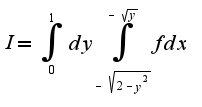 $I=\int_{0}^{1}dy\int_{-\sqrt{2-y^2}}^{-\sqrt{y}}fdx$