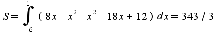 $S=\int_{-6}^{1}(8x-x^2-x^2-18x+12)dx=343/3$