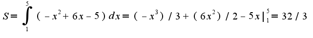 $S=\int_{1}^{5}(-x^2+6x-5)dx=(-x^3)/3+(6x^2)/2-5x|_{1}^{5}=32/3$
