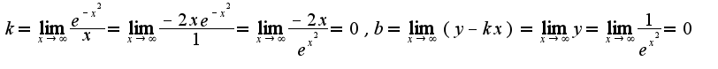 $k=\lim_{x\rightarrow \infty}\frac{e^{-x^2}}{x}=\lim_{x\rightarrow \infty}\frac{-2xe^{-x^2}}{1}=\lim_{x\rightarrow \infty}\frac{-2x}{e^{x^2}}=0,b=\lim_{x\rightarrow \infty}(y-kx)=\lim_{x\rightarrow \infty}y=\lim_{x\rightarrow \infty}\frac{1}{e^{x^2}}=0$