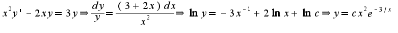$x^2y'-2xy=3y\Rightarrow \frac{dy}{y}=\frac{(3+2x)dx}{x^2}\Rightarrow \ln y=-3x^{-1}+2\ln x+\ln c\Rightarrow y=cx^2e^{-3/x}$