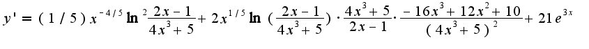 $y'=(1/5)x^{-4/5}\ln^2\frac{2x-1}{4x^3+5}+2x^{1/5}\ln(\frac{2x-1}{4x^3+5})\cdot\frac{4x^3+5}{2x-1}\cdot\frac{-16x^3+12x^2+10}{(4x^3+5)^2}+21e^{3x}$