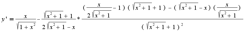 $y'=\frac{x}{\sqrt{1+x^2}}-\frac{\sqrt{x^2+1}+1}{2\sqrt{x^2+1}-x}*\frac{(\frac{x}{2\sqrt{x^2+1}}-1)(\sqrt{x^2+1}+1)-(\sqrt{x^2+1}-x)(\frac{x}{\sqrt{x^2+1}})}{(\sqrt{x^2+1}+1)^2}$
