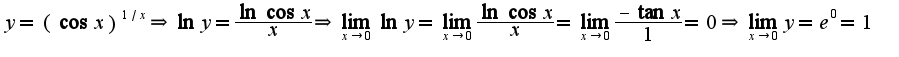 $y=(\cos x)^{1/x}\Rightarrow \ln y=\frac{\ln\cos x}{x}\Rightarrow \lim_{x\rightarrow 0}\ln y=\lim_{x\rightarrow 0}\frac{\ln\cos x}{x}=\lim_{x\rightarrow 0}\frac{-\tan x}{1}=0\Rightarrow \lim_{x\rightarrow 0}y=e^{0}=1$