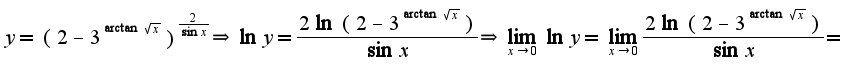 $y=(2-3^{\arctan \sqrt{x}})^{\frac{2}{\sin x}}\Rightarrow \ln y=\frac{2\ln(2-3^{\arctan \sqrt{x}})}{\sin x}\Rightarrow \lim_{x\rightarrow 0}\ln y=\lim_{x\rightarrow 0}\frac{2\ln(2-3^{\arctan \sqrt{x}})}{\sin x}=$
