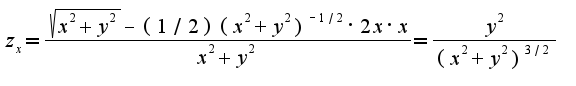 $z_{x}=\frac{\sqrt{x^2+y^2}-(1/2)(x^2+y^2)^{-1/2}\cdot 2x\cdot x}{x^2+y^2}=\frac{y^2}{(x^2+y^2)^{3/2}}$