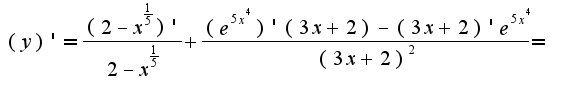 $(y)'=\frac{(2-x^{\frac{1}{5}})'}{2-x^{\frac{1}{5}}}+\frac{(e^{5x^4})'(3x+2)-(3x+2)'e^{5x^4}}{(3x+2)^2}=$