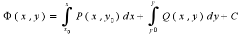 $\Phi(x,y)=\int_{x_0}^{x}P(x,y_{0})dx+\int_{y0}^{y}Q(x,y)dy+C$