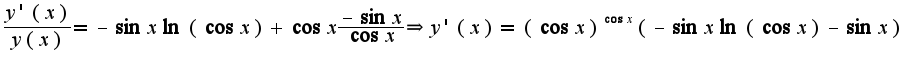 $\frac{y'(x)}{y(x)}=-\sin x\ln(\cos x)+\cos x\frac{-\sin x}{\cos x}\Rightarrow y'(x)=(\cos x)^{\cos x}(-\sin x\ln(\cos x)-\sin x)$