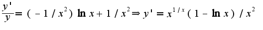 $\frac{y'}{y}=(-1/x^2)\ln x+1/x^2\Rightarrow y'=x^{1/x}(1-\ln x)/x^2$