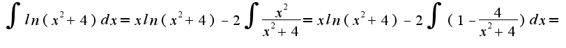 $\int ln(x^2+4) dx = xln(x^2+4) - 2\int \frac{x^2}{x^2+4} = xln(x^2+4) - 2\int(1-\frac{4}{x^2+4})dx =$