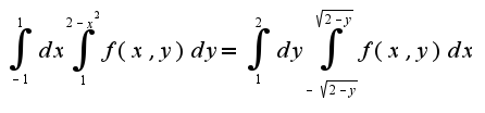 $\int_{-1}^{1}dx\int_{1}^{2-x^2}f(x,y)dy=\int_{1}^{2}dy\int_{-\sqrt{2-y}}^{\sqrt{2-y}}f(x,y)dx$