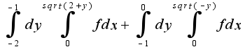$\int_{-2}^{-1}dy \int_{0}^{sqrt(2+y)}fdx + \int_{-1}^{0}dy \int_{0}^{sqrt(-y)}fdx$